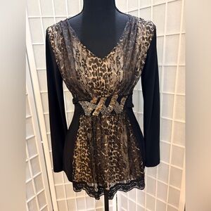 Venus Leopard Print V-Neck Beaded Sequined Front with Tie in Back Tunic Top XS